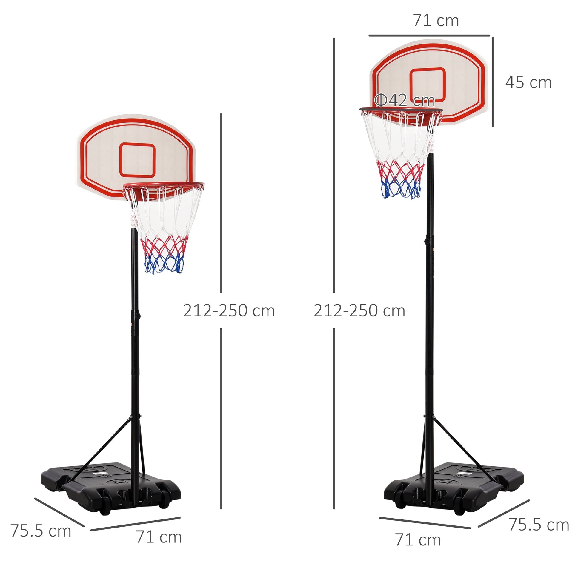 Portable Basketball Stand 175-215cm Adjustable Height Sturdy Rim Hoop w/ Large Wheels Stable Base Net Free Standing-2