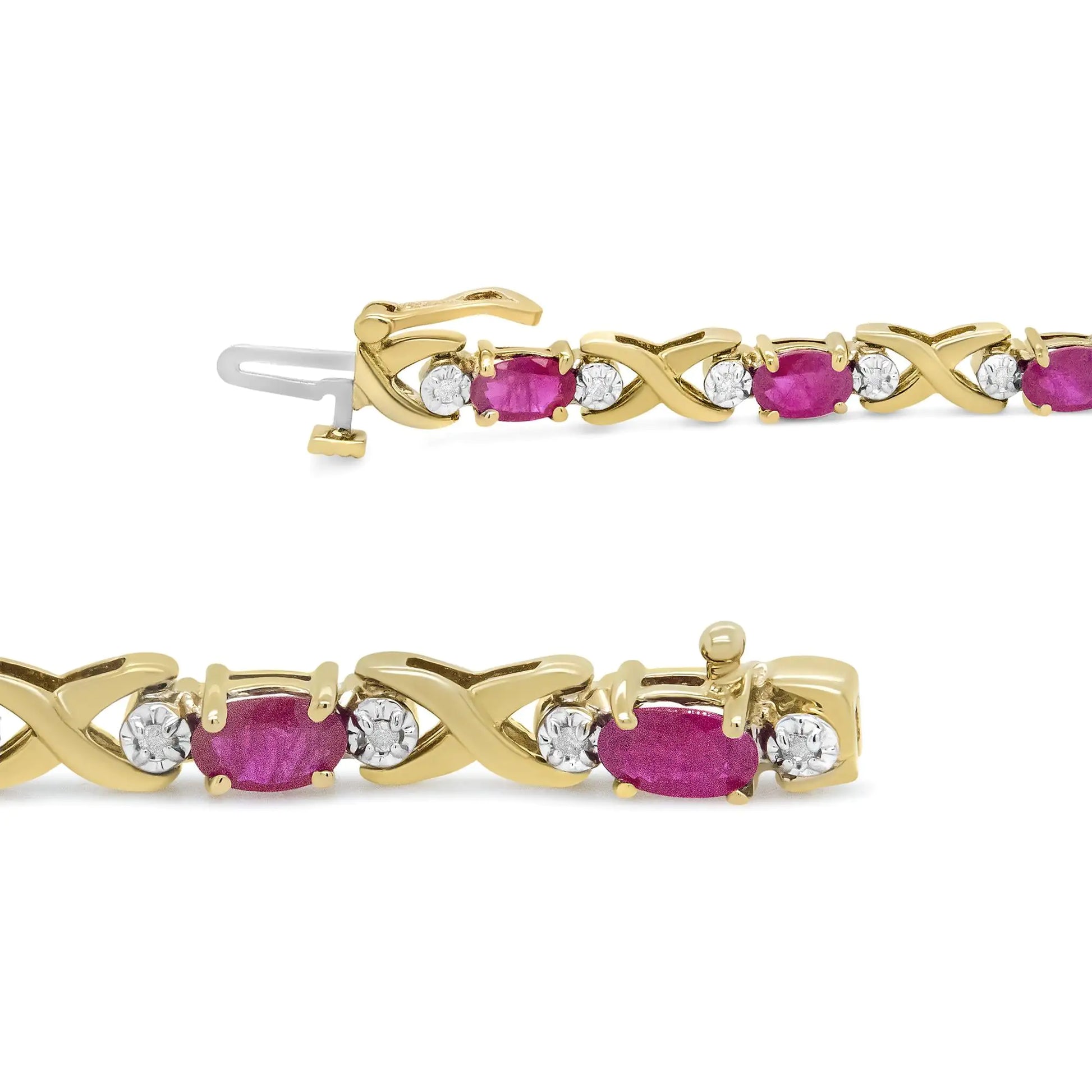 14K Yellow Gold 1/4 Cttw Diamond and Oval Red Ruby Alternating X Link Bracelet (I-J Color, I3 Clarity) - Puritific