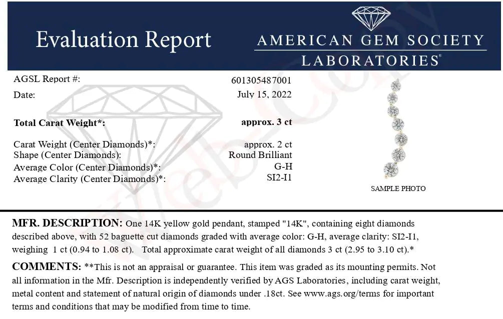 AGS Certified 14K Yellow Gold 3.0 Cttw Baguette and Brilliant Round-Cut Diamond Journey 18" Pendant Necklace (G-H Color, SI2-I1 Clarity) - Puritific