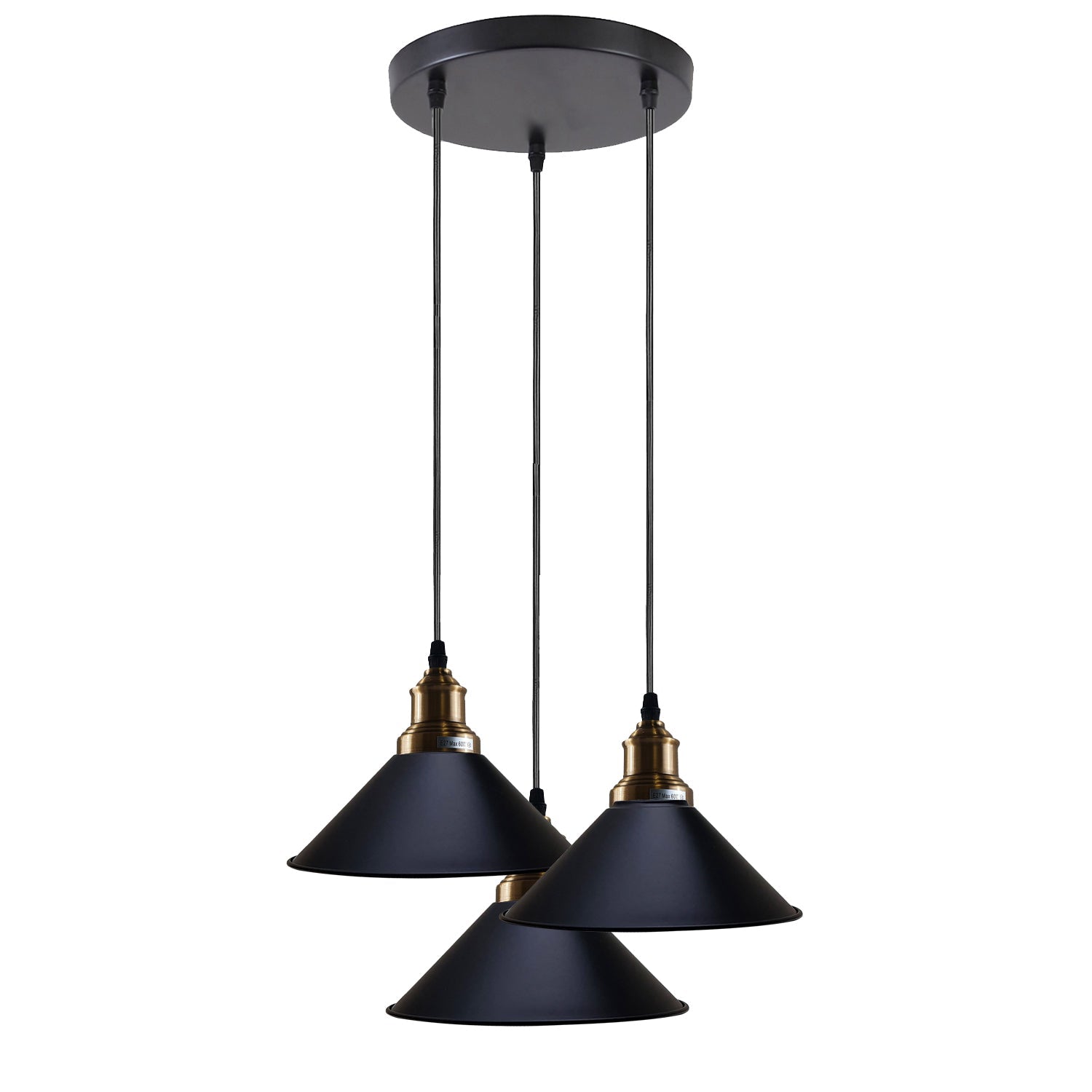 Black 3 Way Pendant Light Fixture Cone Shade Hanging Pendant Ceiling Lights~1492-3