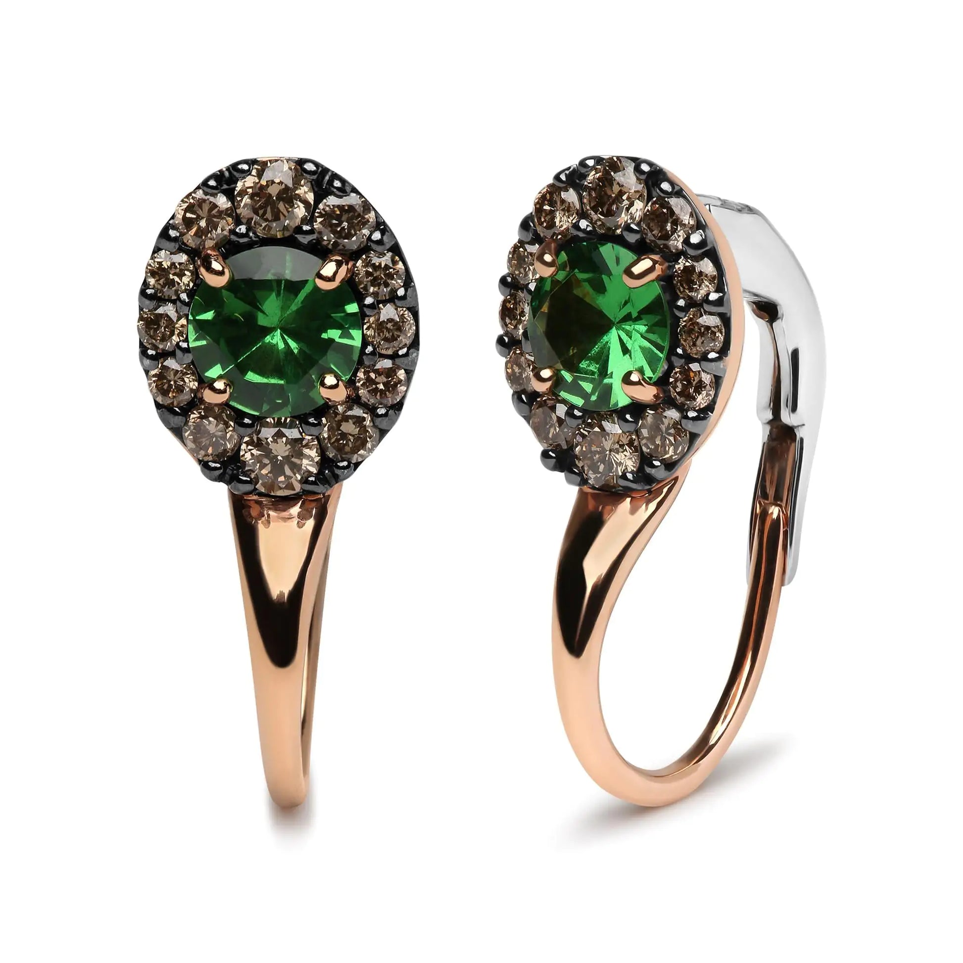 18K Rose and White Gold 3/8 Cttw Round Brown Diamonds and Round Green Tsavorite Gemstone Halo Drop Hoop Earrings (Brown Color, SI1-SI2 Clarity) - Puritific