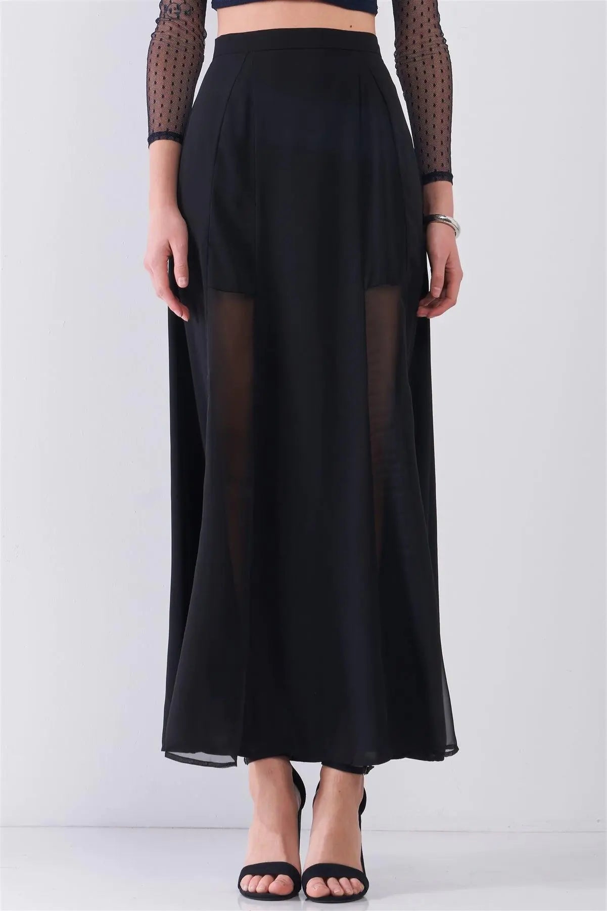 Black Combo Sheer Mesh Cut-Ins High Waist Maxi Skirt /1-2-1 - Puritific