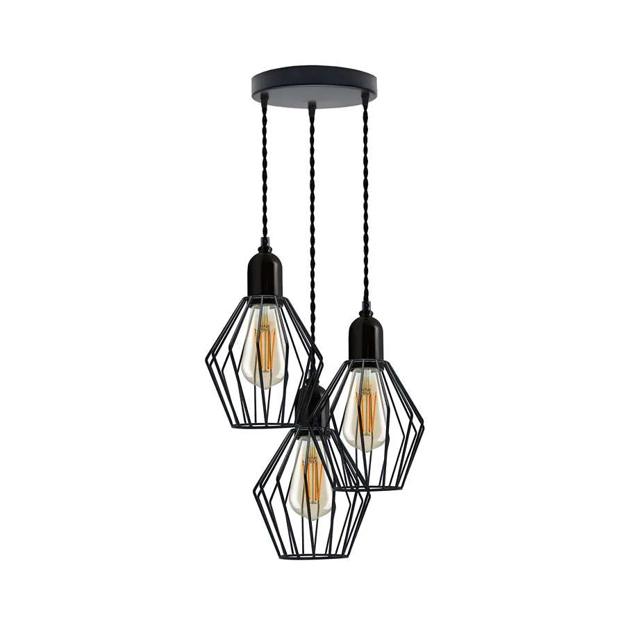 3-Light Cluster Pendant Light Black Cage Lighting fixture~ 5116-2