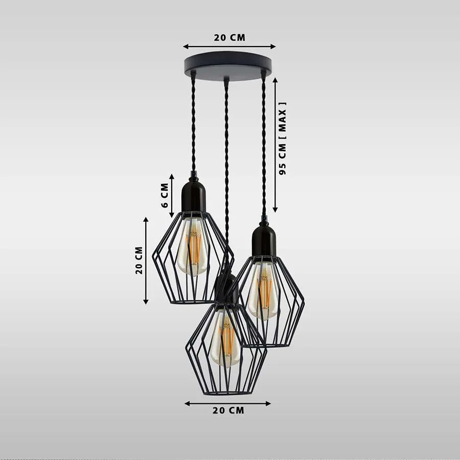 3-Light Cluster Pendant Light Black Cage Lighting fixture~ 5116-4