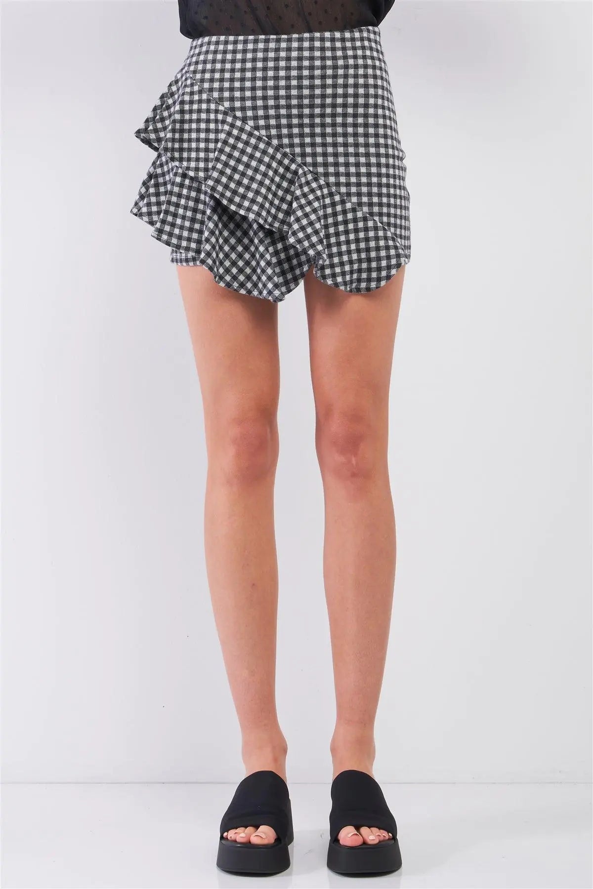 Black & Grey Buffalo Plaid High-Waisted Asymmetrical Ruffle Mini Skirt /2-2-1 - Puritific