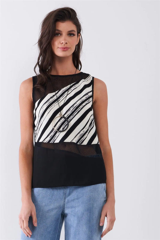 Black & Cream White Brushstroke Print Sleeveless Net Mesh Cut-Ins Back Slit Detail Top /2-1-2-1 - Puritific