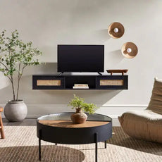 Modern Rattan-Door Floating TV Stand For TVs Up To 65 Inches