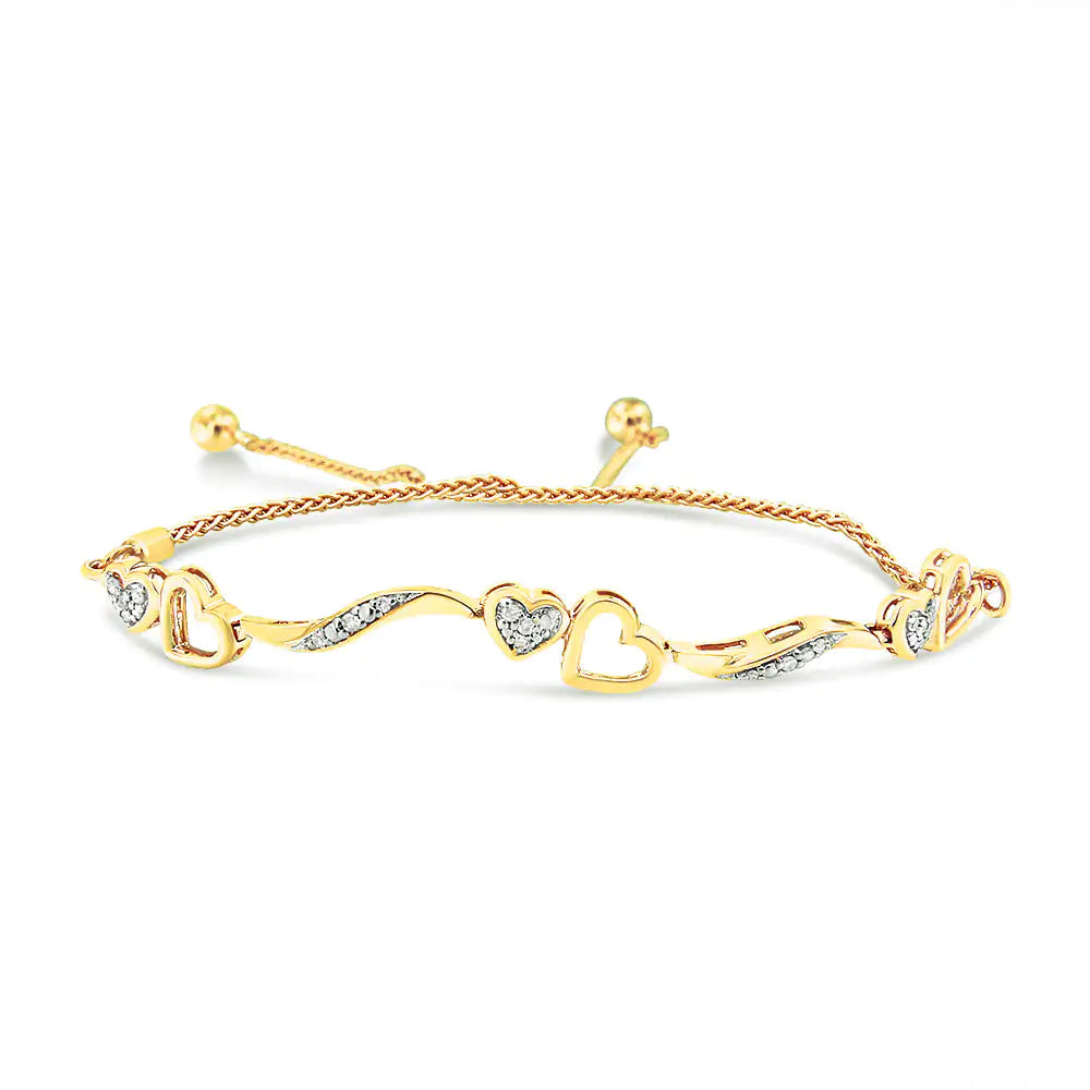 14K Yellow Gold Plated .925 Sterling Silver 1/10 Cttw Diamond Wave and Hearts 4”-10” Adjustable Bolo Bracelet (I-J Color, I3 Clarity) - Puritific