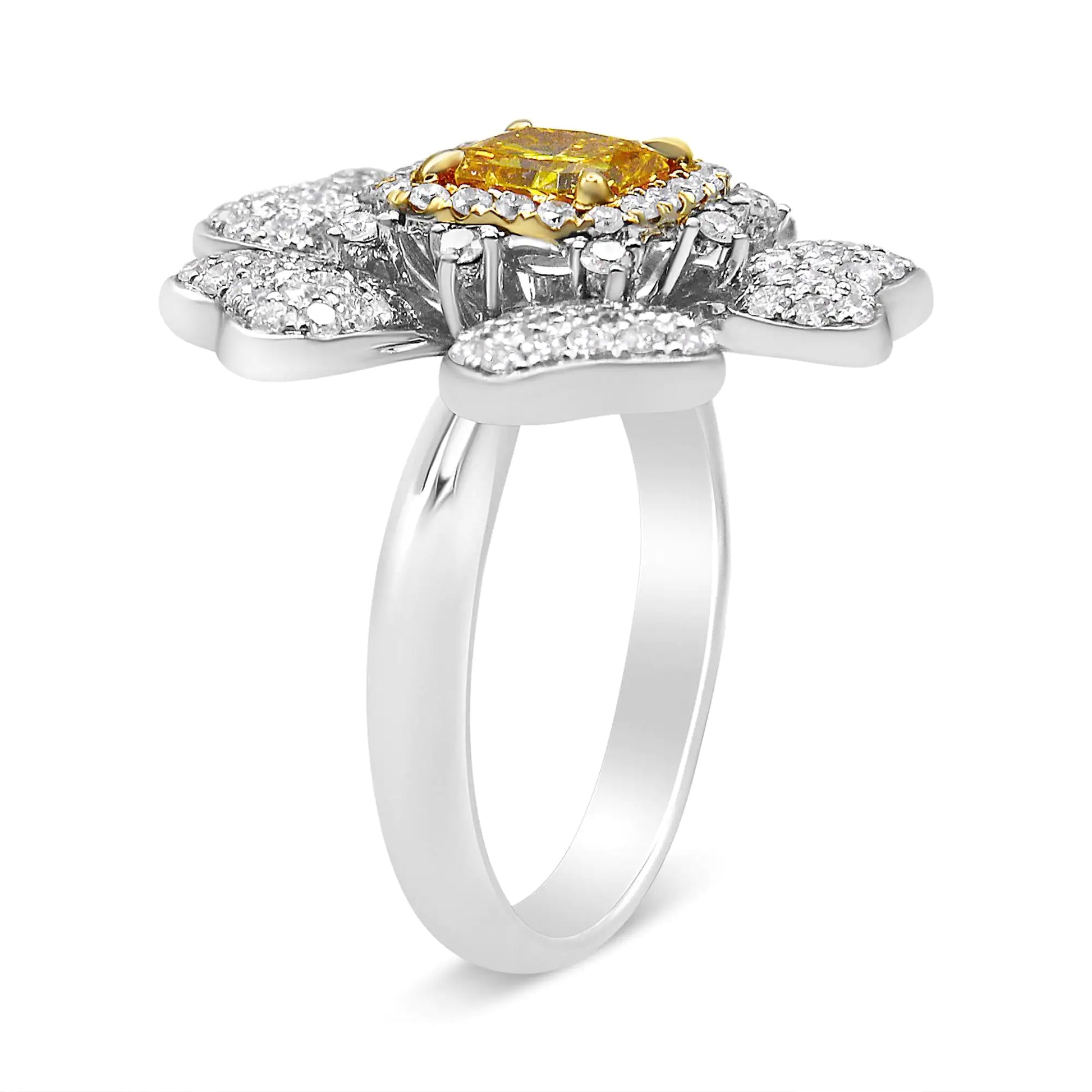 18K White and Yellow Gold 2.25 Cttw Yellow Radiant Lab Grown Center Diamond Flower and Leaf Cluster Ring (Yellow/G-H Color, VS1-VS2 Clarity) - Puritific