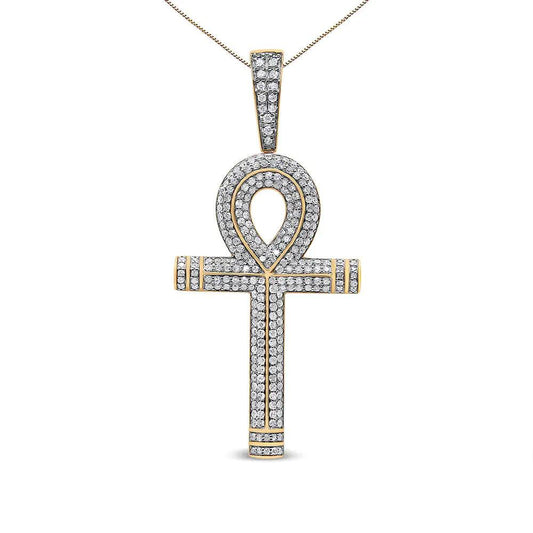 10K Yellow Gold 1 7/8 Cttw Round Diamond Ankh Cross Pendant Necklace for Men (H-I Color, SI1-SI2 Clarity) - NO CHAIN INCLUDED - Puritific