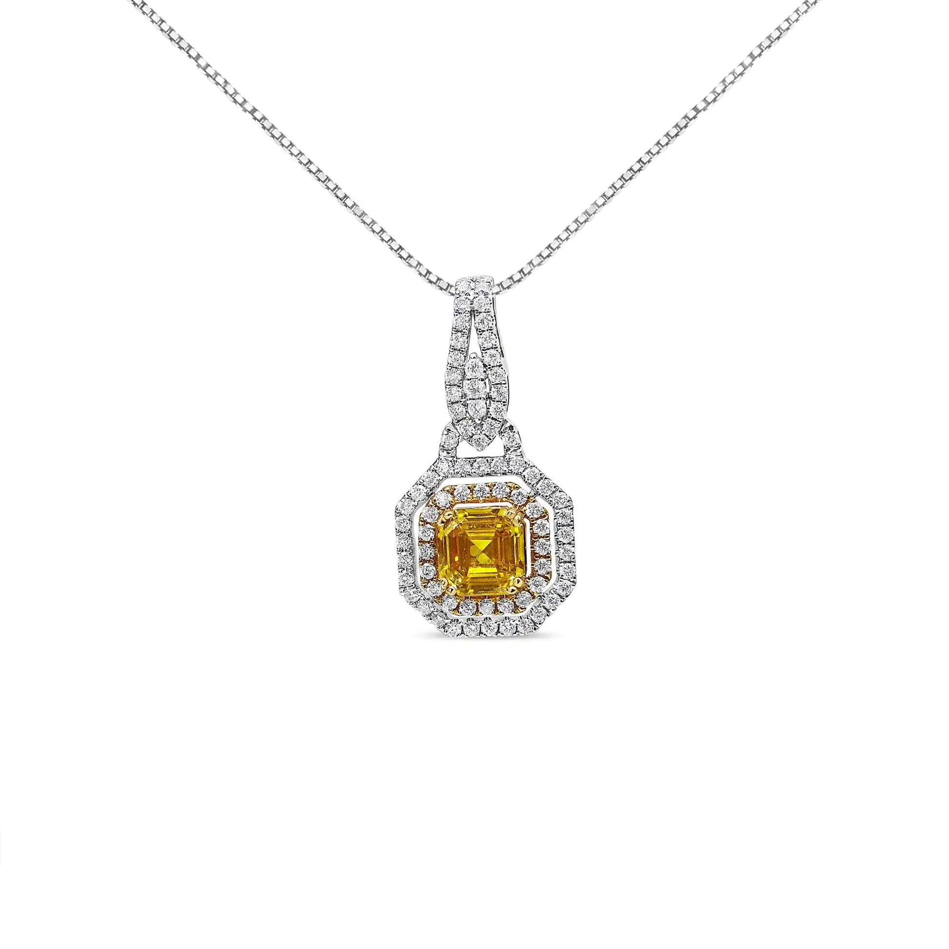 18K White and Yellow Gold 2 3/5 Cttw Lab Grown Yellow Asscher Diamond Double Framed Halo 18" Pendant Necklace (Yellow/G-H Color, VS1-VS2 Clarity) - Puritific