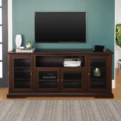 Transitional Classic TV Stand For TVs With 4 Glass Doors - Espresso