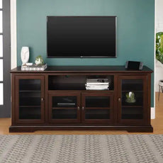 Transitional Classic TV Stand For TVs With 4 Glass Doors - Espresso