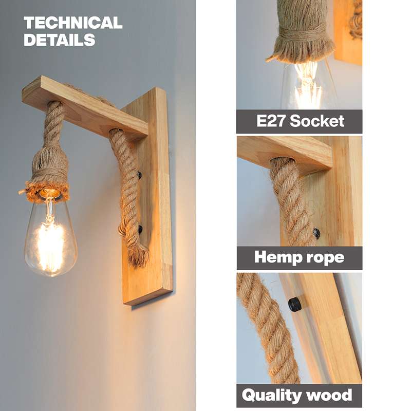 Wooden Hemp Rope E27 Wall Mounted Light~4568-3