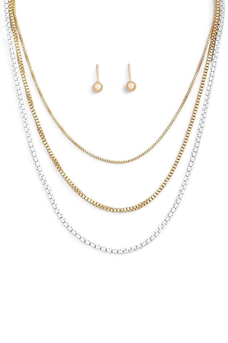 3 Layer Assorted Chain Necklace Small Ball Earring Set - Puritific