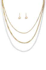 3 Layer Assorted Chain Necklace Small Ball Earring Set - Puritific