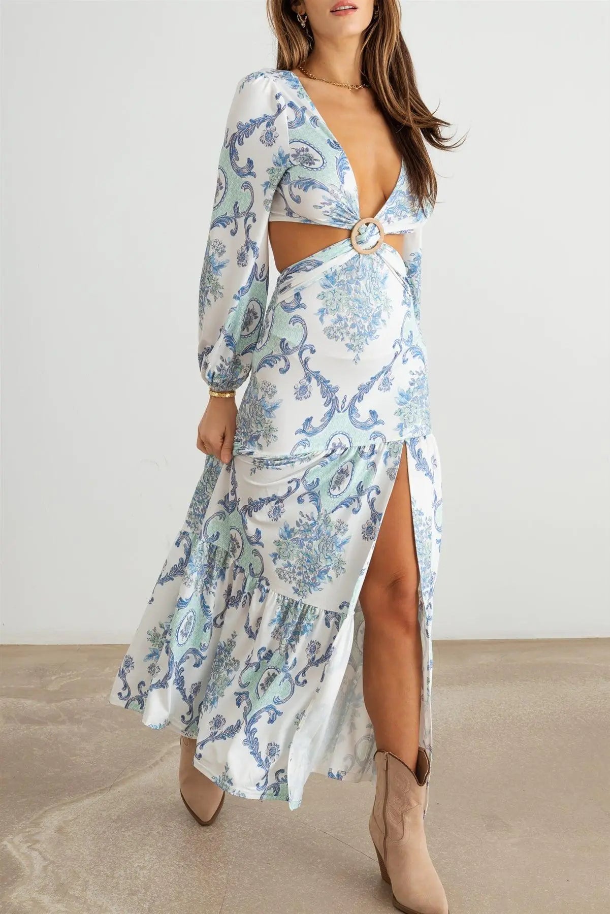 Paisley Criss-Cross O-Ring Open Back Maxi Dress