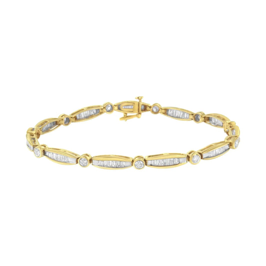 14K Yellow Gold 2.0 Cttw Round Brilliant-Cut & Baguette Cut Diamond Bezel and Tapered Link 7" Tennis Bracelet (H-I Color, SI2-I1 Clarity) - Puritific