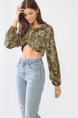 Black & Olive Floral Print Twist Cut-Out Long Sleeve Crop Top /1-2-2-1 - Puritific