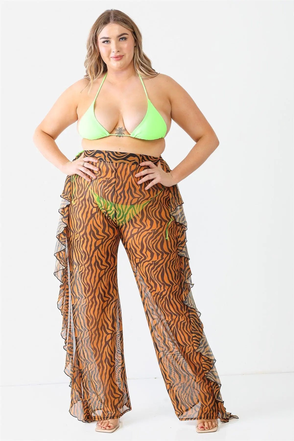 Tiger Animal Print Mesh High Waist Sexy Ruffle Pants