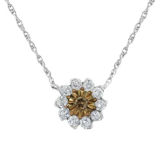 Brown Rhodium over .925 Sterling Silver 1/2 Cttw Diamond Miracle Plate Flower Cluster 18" Pendant Necklace (Champagne and I-J Color, I1-I2 Clarity) - Puritific