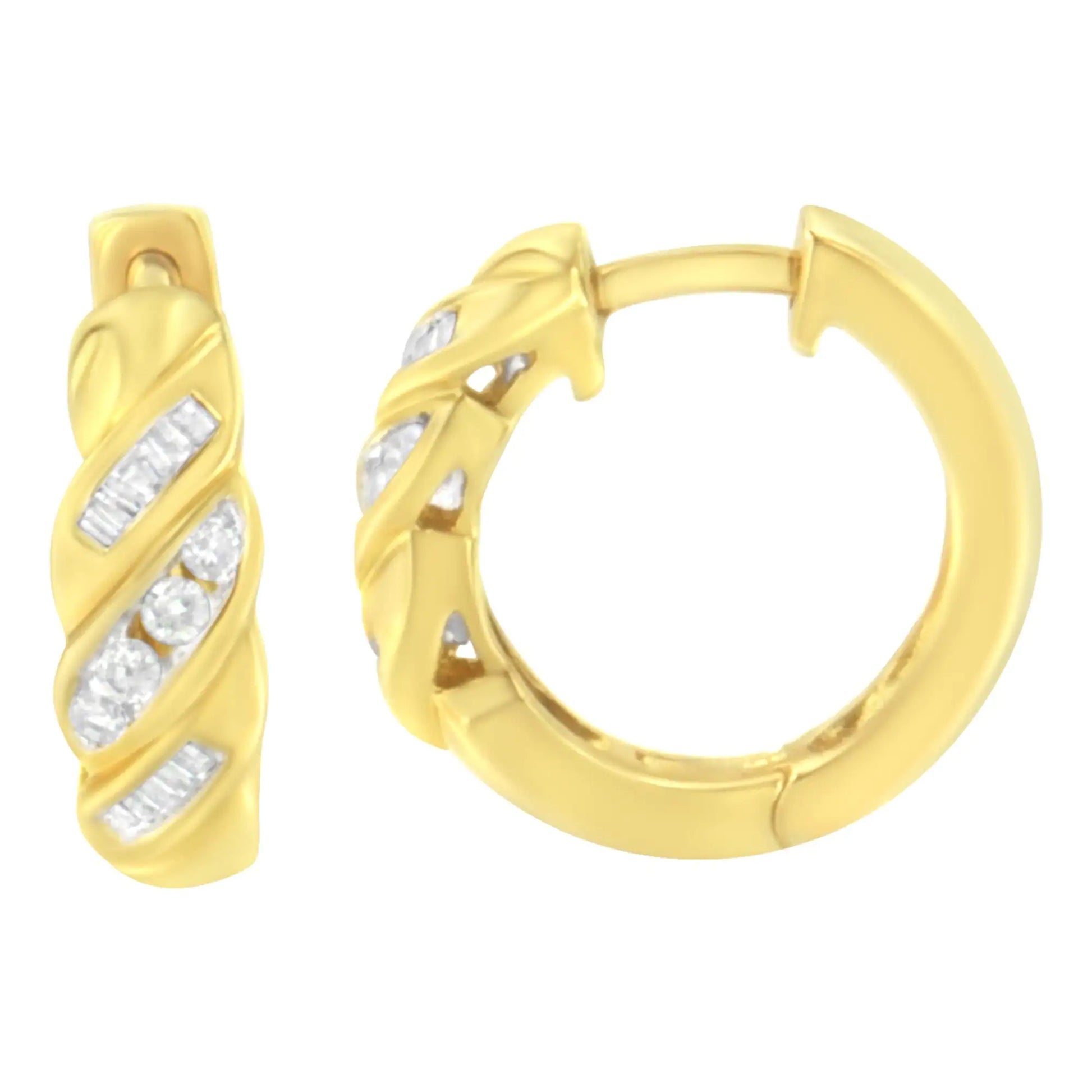 14K Yellow Gold 1/4 ct TDW Alternating 3 Row Baguette & Round Brilliant-Cut Diamond Huggy Hoop Earrings (H-I, I2-I3) - Puritific