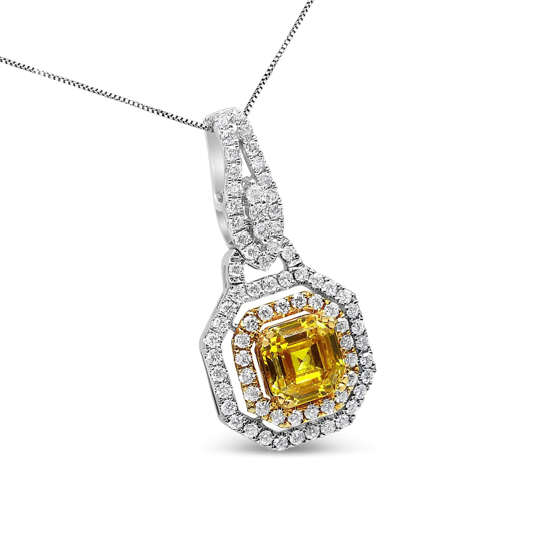 18K White and Yellow Gold 2 3/5 Cttw Lab Grown Yellow Asscher Diamond Double Framed Halo 18" Pendant Necklace (Yellow/G-H Color, VS1-VS2 Clarity) - Puritific