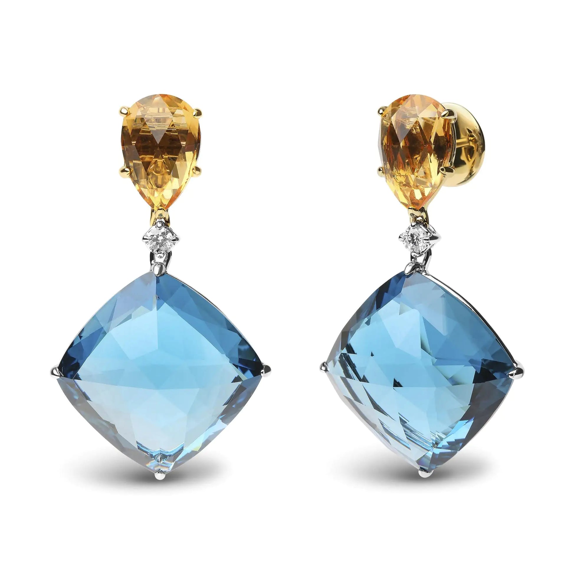 18K White and Yellow Gold 1/6 Cttw Diamond with Pear Cut Yellow Citrine and 20mm Cushion Cut Blue Topaz Gemstone Dangle Earrings (G-H Color, SI1-SI2 Clarity) - Puritific