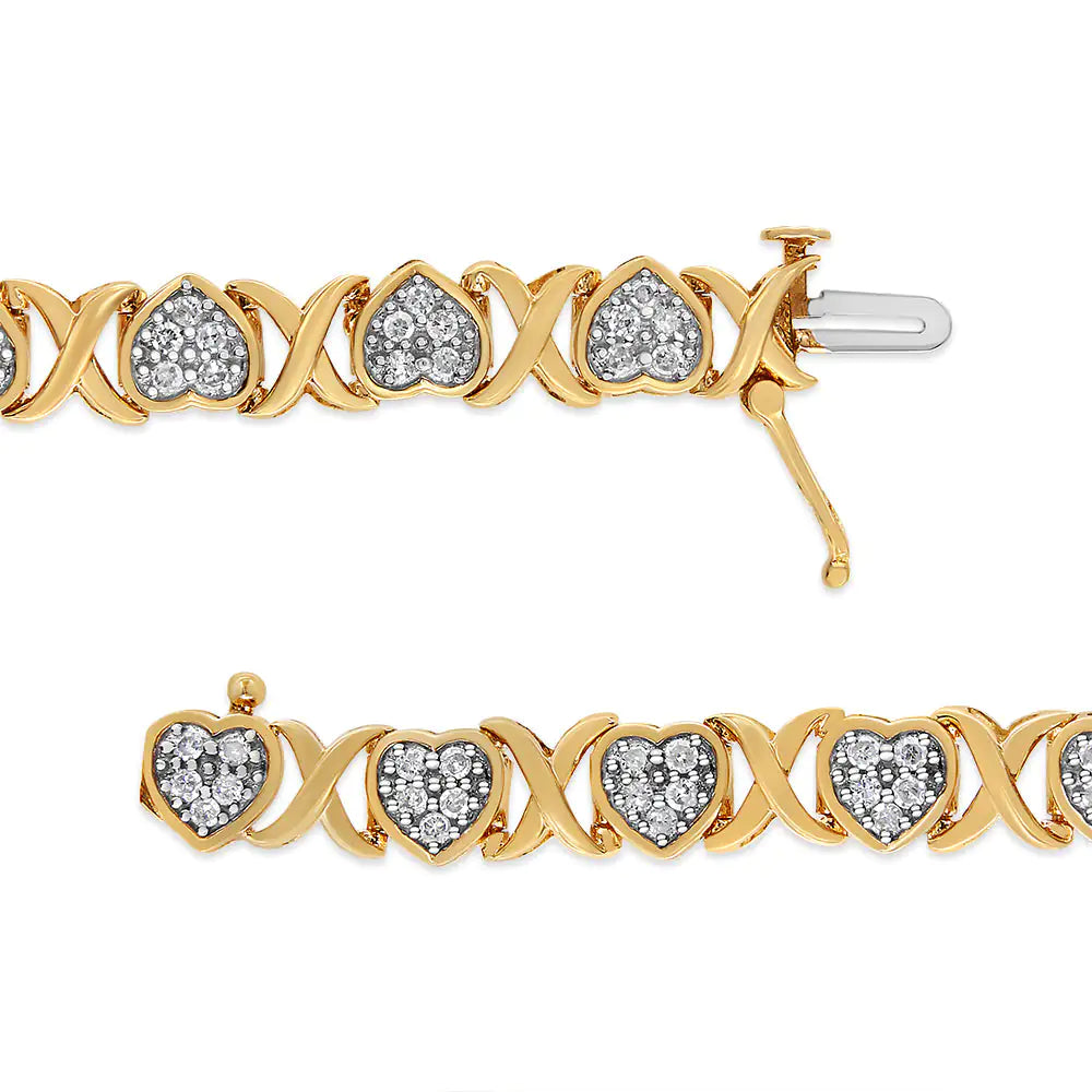 14KY Yellow Gold Plated .925 Sterling Silver 1.00 Cttw Diamond Heart and X Link Bracelet (I-J Color, I3 Clarity) - 7.25" Inches - Puritific