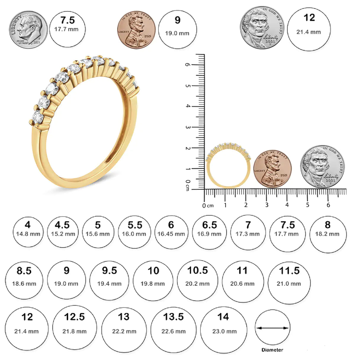 14K Yellow Gold Plated .925 Sterling Silver 1/2 cttw Shared Prong Set Brilliant Round-Cut Diamond 11 Stone Band Ring (J-K Color, SI1-SI2 Clarity) - Puritific