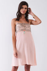 Baby Pink Sleeveless V-Neck Floral Lace Mesh Detail Relaxed Slip Mini Dress /1-2-2-1 - Puritific