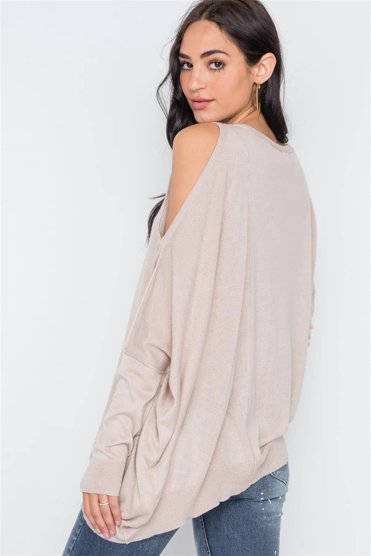 Almond Asymmetrical Hem Seamed Sweater /3-2 - Puritific