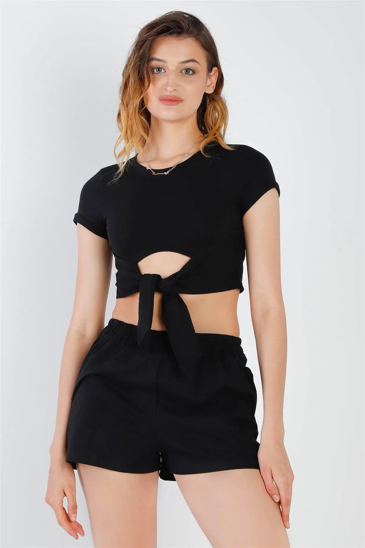 Black Cut-Out Detail Self-Tie Hem Short Sleeve Crop Top & High Waist Short Set /2-2-2 - Puritific