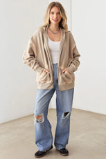 Wash Detail Front Two Pocket Oversized Hoodie Zip Up Jacket