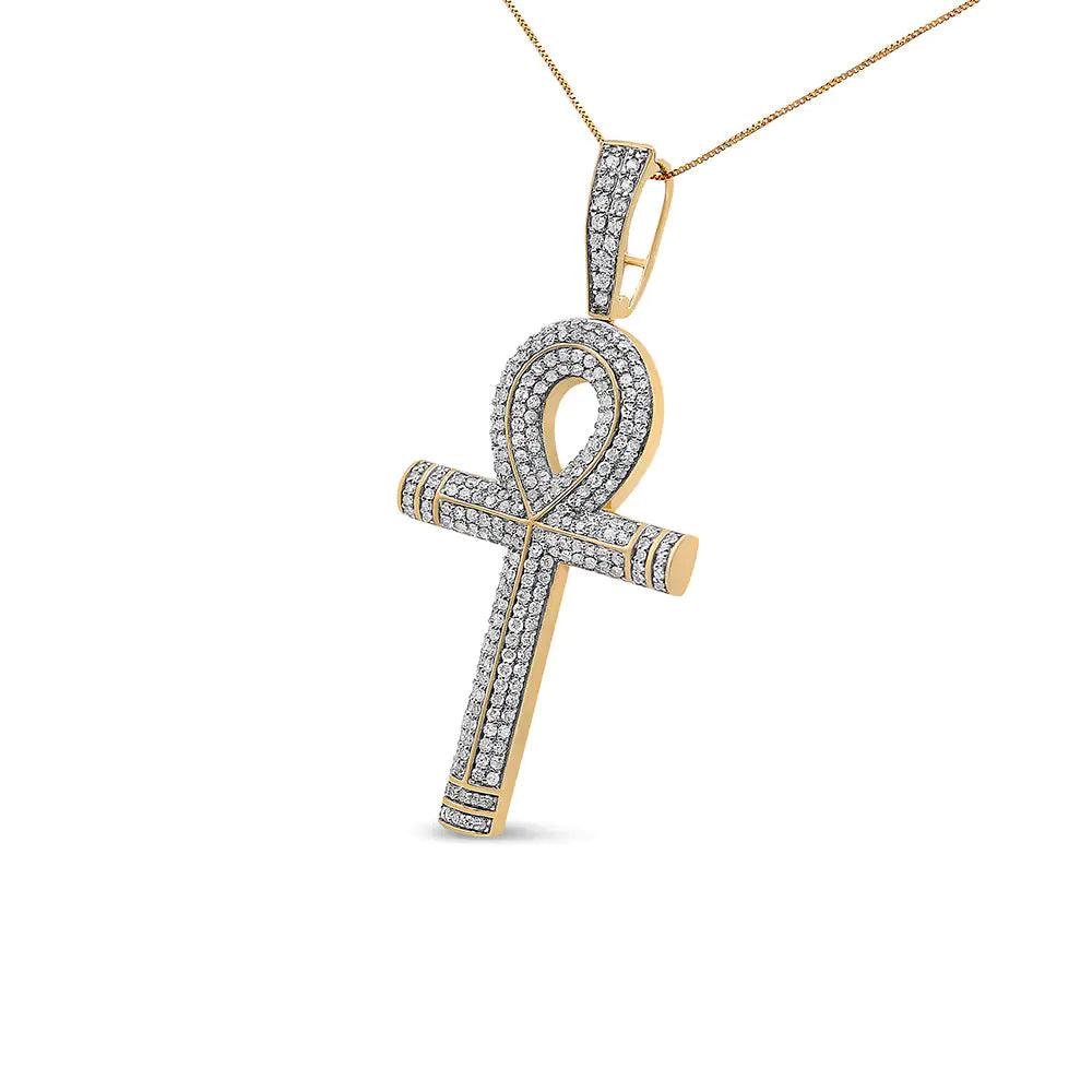 10K Yellow Gold 1 7/8 Cttw Round Diamond Ankh Cross Pendant Necklace for Men (H-I Color, SI1-SI2 Clarity) - NO CHAIN INCLUDED - Puritific