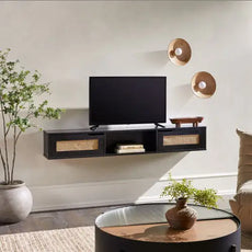 Modern Rattan-Door Floating TV Stand For TVs Up To 65 Inches