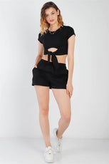 Black Cut-Out Detail Self-Tie Hem Short Sleeve Crop Top & High Waist Short Set /2-2-2 - Puritific