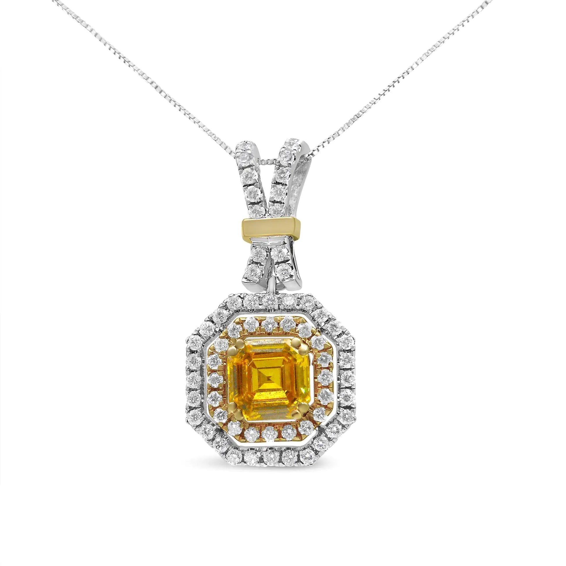 18K White and Yellow Gold 1.75 Cttw Lab Grown Treated Yellow Asscher Center Diamond Halo 18" Pendant Necklace (Yellow/G-H Color, VS1-VS2 Clarity) - Puritific