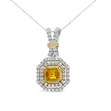 18K White and Yellow Gold 1.75 Cttw Lab Grown Treated Yellow Asscher Center Diamond Halo 18