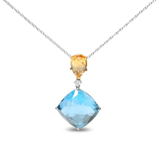 18K White and Yellow Gold Diamond Accent and Yellow Citrine and Sky Blue Topaz Gemstone Dangle Drop 18" Pendant Necklace (G-H Color, SI1-SI2 Clarity) - Puritific