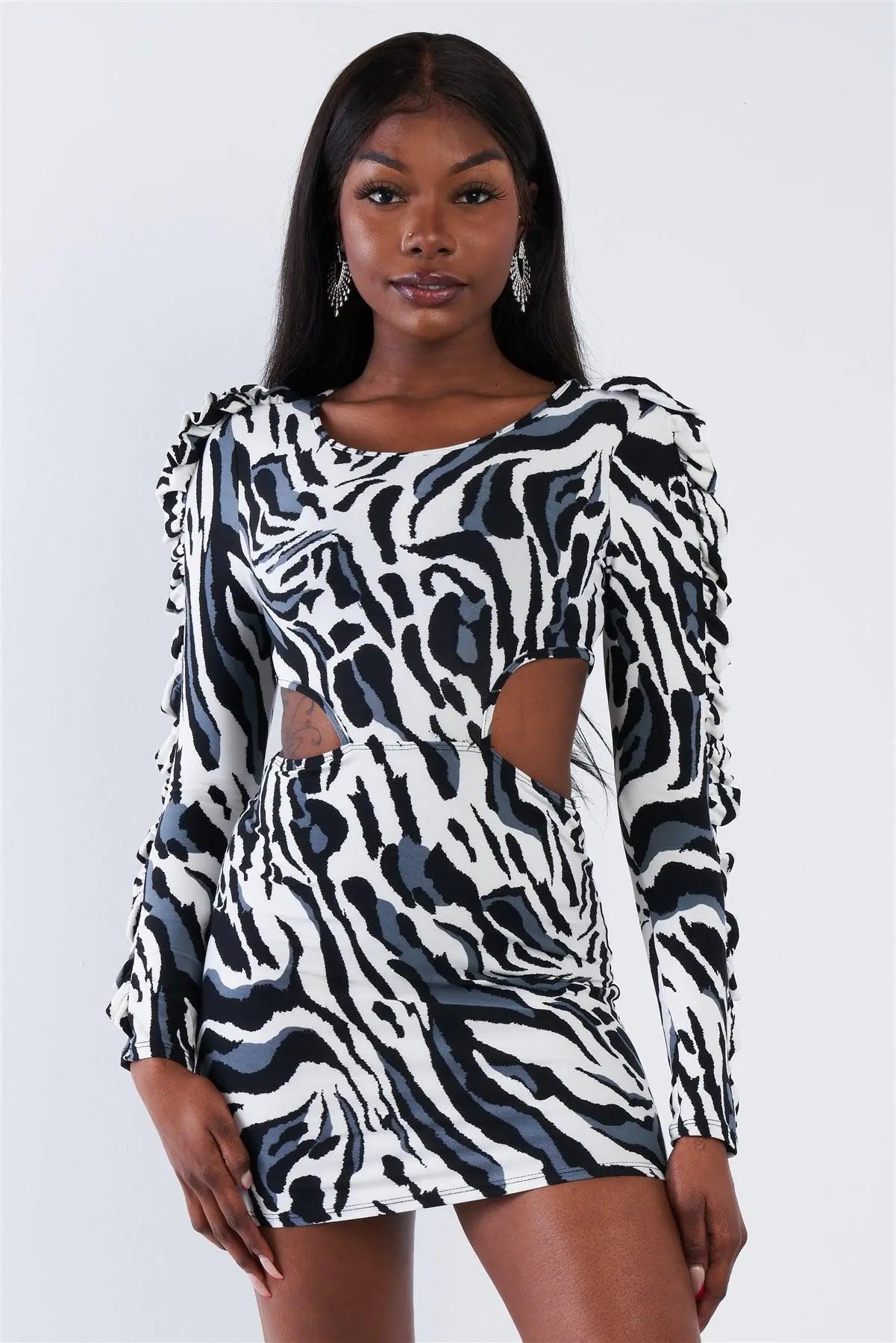 Zebra Cut-Out Flounce Sleeve Trim Mini Dress /2-3-2 - Puritific