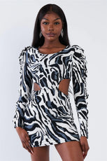 Zebra Cut-Out Flounce Sleeve Trim Mini Dress /2-3-2 - Puritific