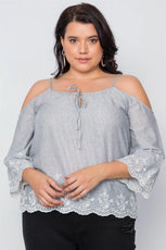 Plus Size Denim Grey Cold Shoulder Floral Embroidery Top /2-2-2