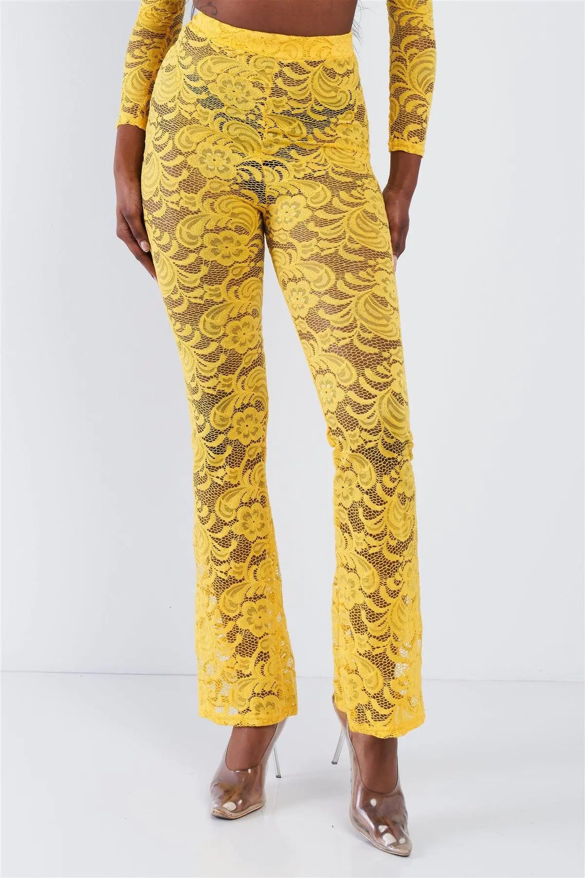 Yellow Sheer Floral Lace Crop Square Neck Top & High Waist Flare Pant Set /2-2 - Puritific