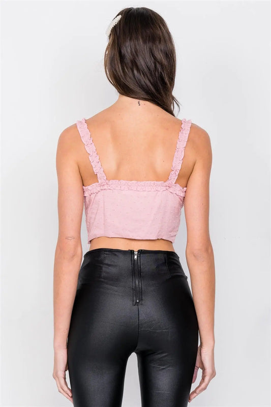 Dusty Rose Embroidered Knot Frill Trim Crop Tank Top /3-2-1