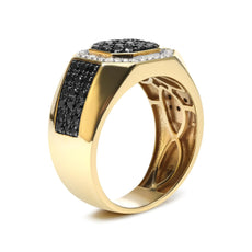 Men's 14K Yellow Gold Plated .925 Sterling Silver 1 1/4 Cttw White and Black Diamond Signet Style Band Ring (Black / I-J Color, I2-I3 Clarity) - Puritific