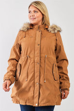 Junior Plus Size Camel Quilted Detail Vegan Fur Cotton Twill Parka Jacket