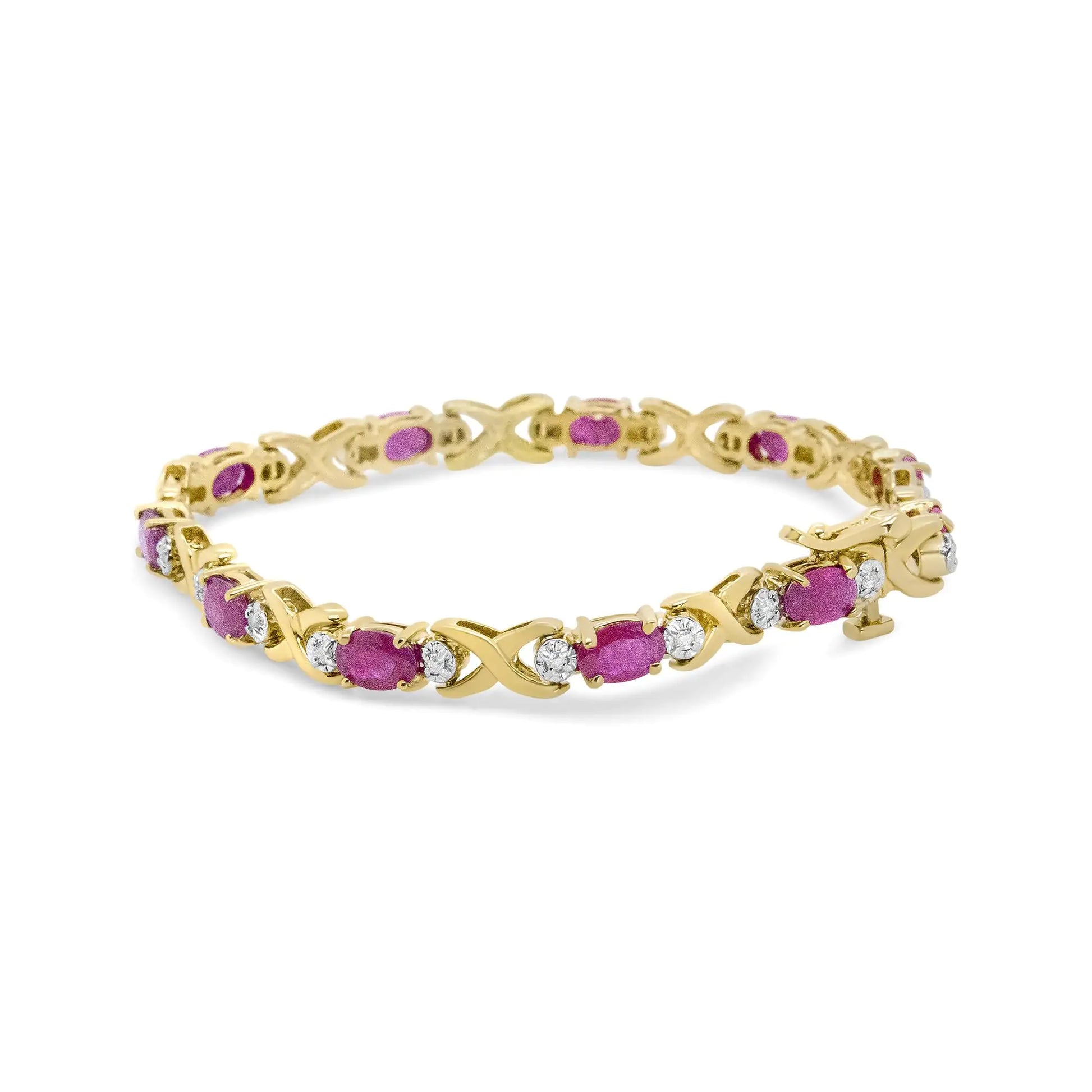 14K Yellow Gold 1/4 Cttw Diamond and Oval Red Ruby Alternating X Link Bracelet (I-J Color, I3 Clarity) - Puritific