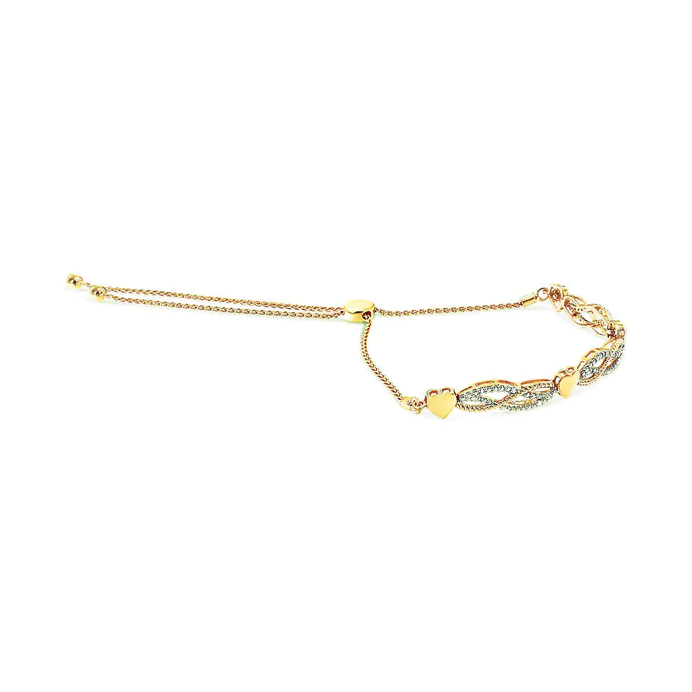 14K Yellow Gold Plated .925 Sterling Silver 1/10 Cttw Diamond Wave and Hearts Bolo Bracelet (I-J Color, I2-I3 Clarity) - 4"-10" Adjustable - Puritific