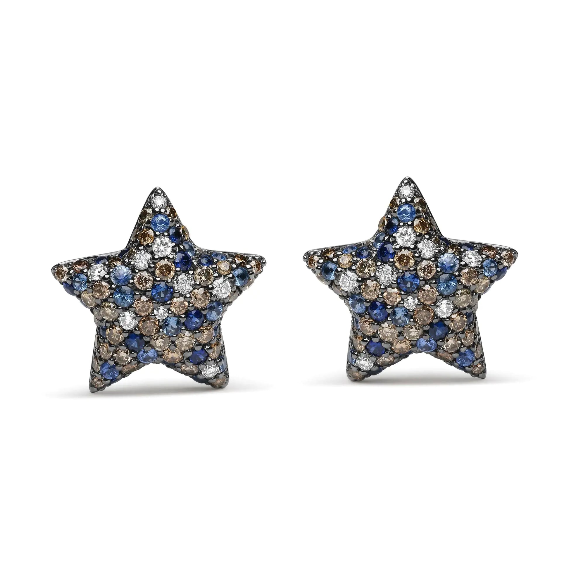 Black Rhodium Plated 18K White Gold 1.00 Cttw Diamond and Round Blue Sapphire Gemstone Micro-Pave Star Stud Earrings (Brown and G-H Color, SI1-SI2 Clarity) - Puritific